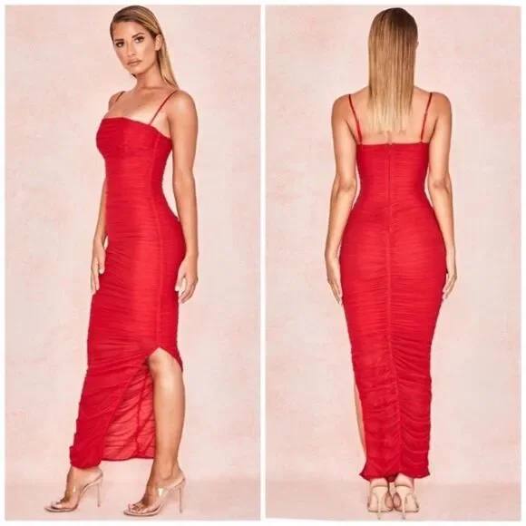knee length dresses for ladies Red Halter Maxi Dress